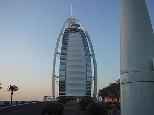 View along the causeway leading to the Burj-al-Arab Hotel in Dubai - at 321 m (1,053 ft), it is one of the world's tallest hotels.