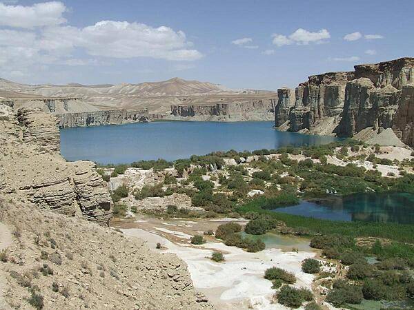 Band-e-Amir in Bamyan Province is Afghanistan's first national park; it consists of six spectacular turquoise lakes separated by natural dams of travertine.