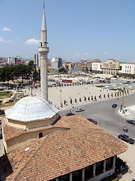 Skanderbeg Square in the center of Tirana as viewed from the city's clock tower.