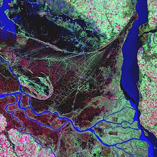 The Parana is the second longest river is South America; its delta is a huge forested marshland about 32 km (20 mi) northeast of Buenos Aires. The area is a very popular tourist destination with guided boat tours that venture into this vast labyrinth of marsh and trees. The Parana River delta is one of the world's greatest bird-watching destinations. This false color satellite image highlights the striking contrast between dense forest and wetland marshes (deep red and violet), and the winding blue ribbon of the Parana River. The large north-south-trending water body on the right is the Uruguay River. Image courtesy of USGS.