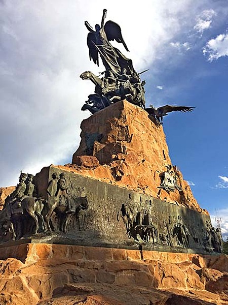 Monument to the Army of the Andes situated atop Cerro de la Gloria (Glory Hill) in the city of Mendoza, Argentina. It was from Mendoza in January 1817 that the Army of the Andes - a military force created by the United Provinces of the Rio de la Plata (Argentina) and led by General Jose de San Martin - crossed the Andes to free Chile from Spanish rule. The force was bolstered by Chilean troops under the command of Bernardo O’Higgins. After a 25-day trek across the mountains, during which perhaps one-third of the troops perished, the combined Argentine and Chilean army successfully defeated the Spanish at the Battle of Chacabuco. The monument, designed by Uruguayan sculptor Juan Manuel Ferrari, was dedicated on 12 February 1914, the 97th anniversary of the battle