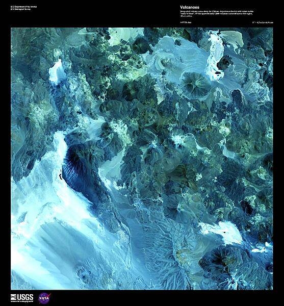 Steep-sided volcanic cones along the Andes on the Chilean-Argentinean border add texture to this false-color satellite image. Of approximately 1,800 volcanoes scattered across this region, 28 are active and form part of the Andean volcanic belt that runs down the length of South America. For more information on other active volcanoes in the region, see the Natural hazards - volcanism subfield in the Geography section under either Chile or Argentina. Image courtesy of USGS.