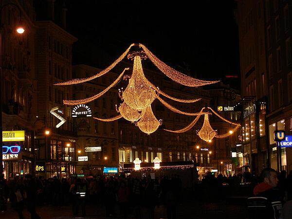 Lights on Vienna's Kaertnerstrasse, an elegant shopping street.
