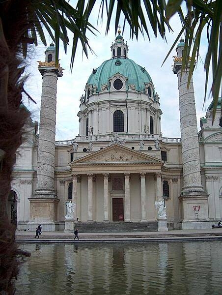 The Karlskirche (St. Charles Borromeo Church) in Vienna, is flanked by two massive spiral columns, modeled after Trajan's Column in Rome.