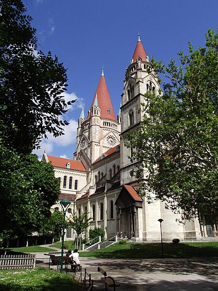 The Church of St. Francis of Assisi (the Jubilee Church) in Vienna dominates Mexikoplatz (Mexico Square) on the banks of the Danube River.