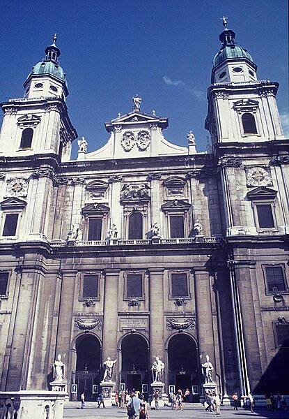 The 17th century baroque cathedral in Salzburg, dedicated to St. Rupert. The missionary saint promoted the salt mines around the ruined old Roman settlement of Juvavum, made the site his base for spreading the gospel, and renamed the place Salzburg (literally "salt castle" in German).