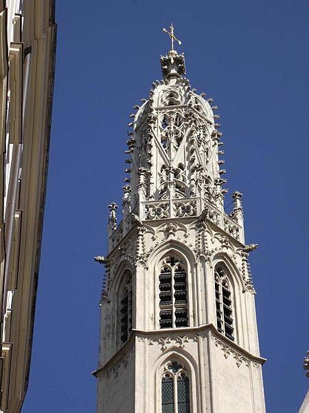 The striking open work tower of the Maria am Gestade church in Vienna rises to 56 m (180 ft); it was built between 1419 and 1428, shortly after the church was completed.