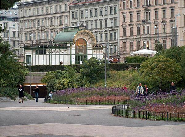 View showing the original above-ground Jugendstil (Art Nouveau) Karlsplatz city rail pavillion in Vienna, as well as the present-day underground subway entrance. Vienna's first rail mass transit system opened in 1898; in 1976 it was integrated into the newly established U-Bahn (metro), which is currently about 75 km (46 mi) long.