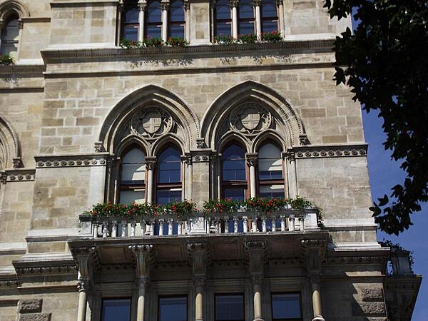 Close up of some of the window ornamentation on the Vienna Rathaus (City Hall).