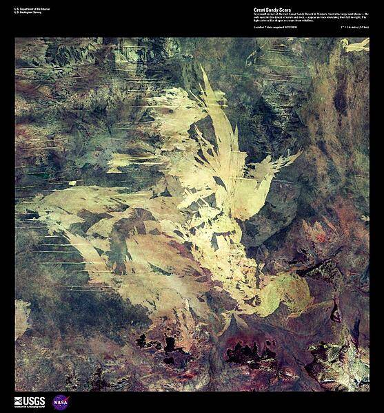 In a small corner of the vast Great Sandy Desert in Western Australia, large sand dunes - the only sand in this desert of scrub and rock - appear as lines stretching from left to right in this enhanced satellite image. The light-colored fan shapes are scars from wildfires. Image courtesy of USGS.