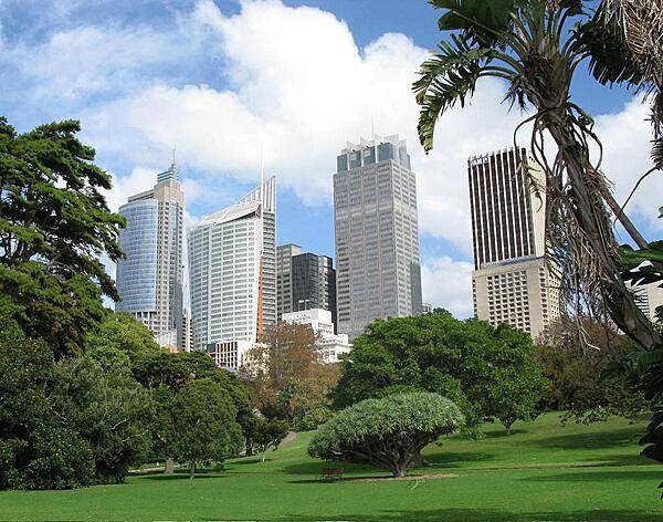 A view of the skyscrapers in downtown Sydney, near the harbor.