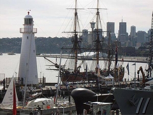 HM Bark Endeavour, a replica ship anchored at the Australian National Maritime Museum in Darling Harbour, Sydney. The original Endeavour was commanded by Lt. James Cook during his first voyage of discovery (1768-1771) where he mapped the New Zealand coast and explored the eastern coast of Australia.