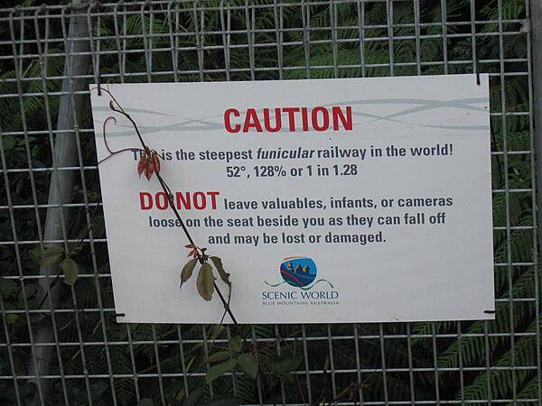 Warning sign posted at the Blue Mountains funicular railway.