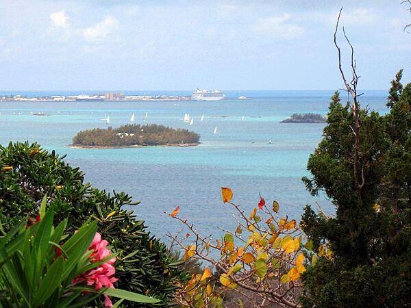 The view east toward King's Wharf from Gibbs Hill with sailboats and cruise ship in the distance.