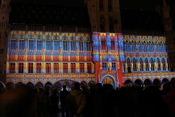 The Hotel de Ville/Stadhuis (City Hall) with Winter Festival lighting.
