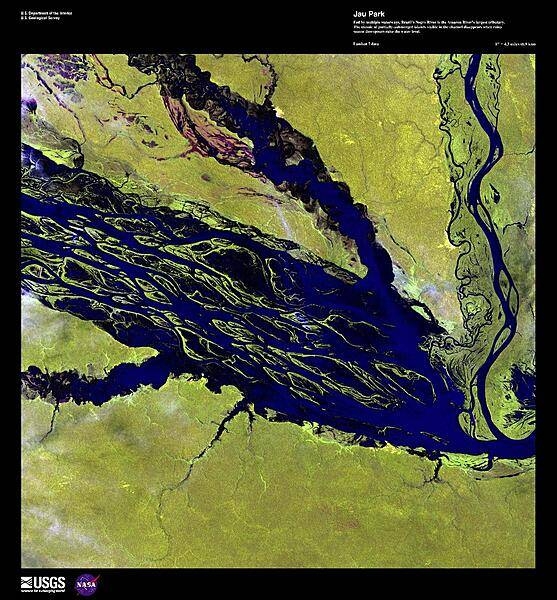This photograph shows a section of the Negro River in Jau National Park, Amazonas state. Fed by multiple waterways, the Negro River is the Amazon's largest tributary. The mosaic of partially-submerged islands visible in the channel of this enhanced satellite image disappears when rainy season downpours raise the water level. Jau National Park is South America's largest forest reserve, covering 23,000 sq km (8,900 sq mi); it is listed as a UNESCO World Heritage Site. Image courtesy of USGS.