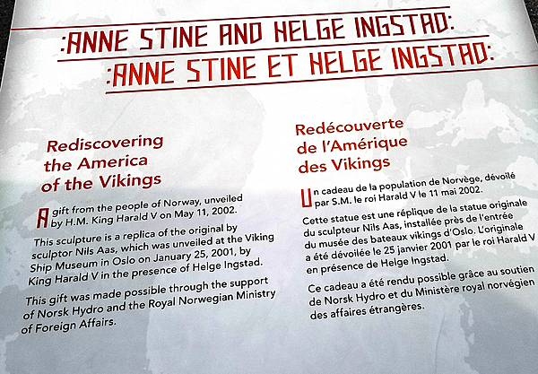 Sign describing the statue of Anne Stine and Helge Ingstad, the co-discoverers of L’Anse Aux Meadows archeological site.