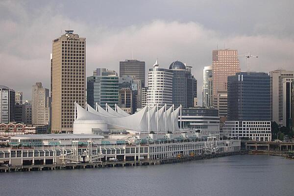 The white sails of Canada Place in downtown Vancouver. The site serves as a hotel, exhibition, and convention center, as well as a cruise ship terminal.