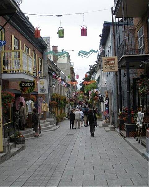 Shopping along one of Quebec City's narrow streets.