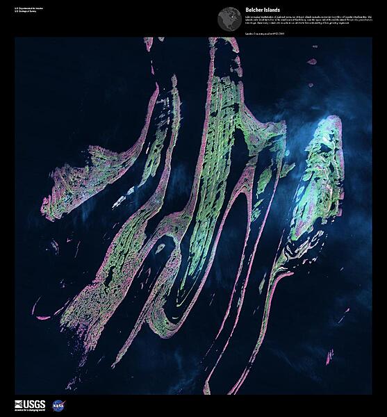 Like sweeping brushstrokes of pink and green, the Belcher Islands meander across the deep blue of the James Bay portion of the Hudson Bay. The islands shown in this enhanced satellite image are part of the Belcher archipelago, which is comprised of approximately 1,500 islands and covers an area of 3,000 sq km (1,160 sq mi). The islands' only inhabitants live in the small town of Sanikiluaq, near the upper end of the middle island. Despite the green hues in this image, these rocky islands are too cold - and the soil is too thin - to sustain more than a smattering of low-growing vegetation. Image courtesy of USGS.