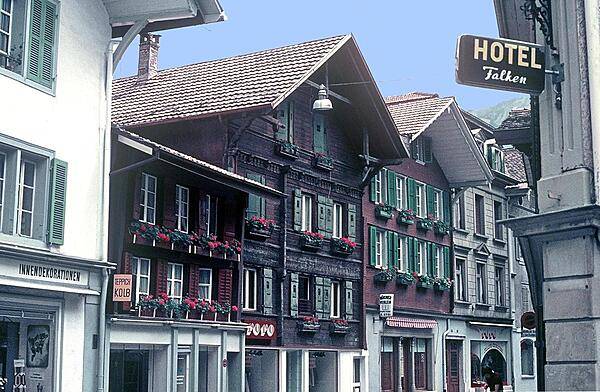 A charming street scene in Interlaken, Bern canton.