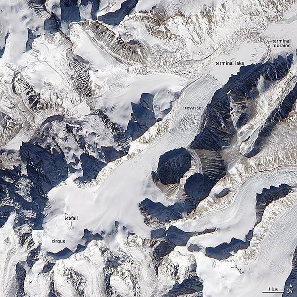 Besides the world's tallest peaks, the Himalayan Mountain Range holds thousands of glaciers. In southern China, just north of the border with Nepal, one unnamed Himalayan glacier flows from southwest to northeast, creeping down a valley terminating in a glacial lake. Shown in this natural-color satellite image, mountains on either side of the glacier cast long shadows to the northwest. From a bowl-shaped cirque, the glacier flows downhill. Where the ice passes over especially steep terrain, ripple marks on the glacier surface indicate the icefall. Northeast of the icefall, the glacier's surface is mostly smooth for several kilometers until a network of crevasses mark the surface. At the end of the glacier's deeply crevassed snout sits a glacial lake, coated with ice in this wintertime picture. Just as nearby mountains cast shadows, the crevassed glacier casts small shadows onto the lake's icy surface. This glacial lake is bound by the glacier snout on one end, and a moraine - a mound formed by the accumulation of sediments and rocks moved by the glacier - on the other. Image courtesy of NASA.