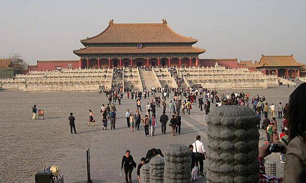The Hall of Supreme Harmony as seen from the Inner Courtyard of the Forbidden City in Beijing. The Hall was destroyed by fire seven times and was last rebuilt in 1695-97. Many of the buildings of the Forbidden City were built from precious woods and marble; golden bricks were used for floors.