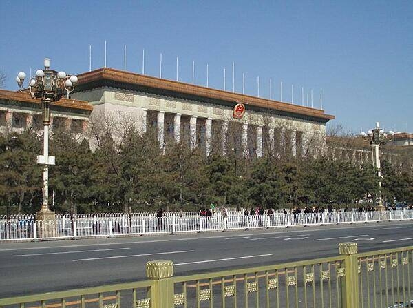 Approaching the Great Hall of the People in Tiananmen Square in Beijing. The building was constructed in 1959; it is the home of the National People's Congress.