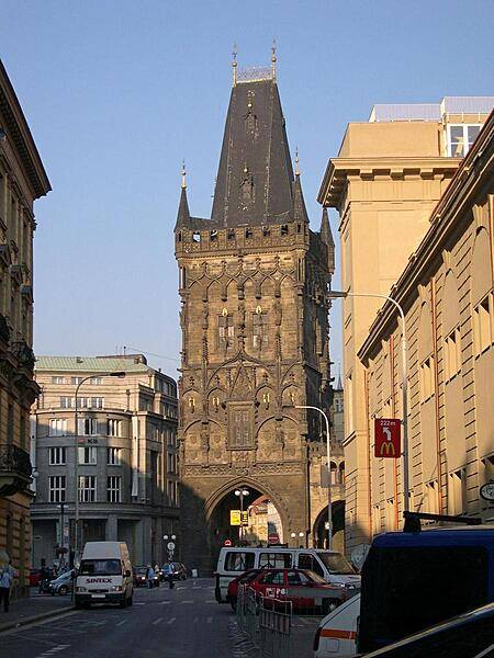 The Gothic Powder Tower in Prague, dating to 1475, is at the site of an 11th century gate - one of the city's 13 medieval gates. Originally connected - via a small bridge - to the royal palace, it eventually lost its importance and by the 17th century was being used to store gunpowder, hence its name.