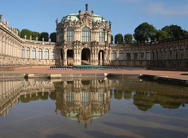 The Baroque Zwinger Palace in Dresden was constructed between 1710 and 1728 for Augustus the Strong, elector of Saxony. Leveled by bombing in 1945, it was rebuilt and today houses a number of museums.