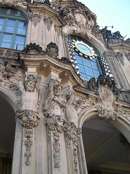 Some sculpted highlights on the wall pavilion at the north end of the Zwinger Palace in Dresden.