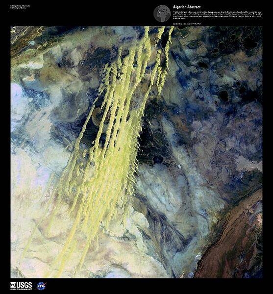 What look like pale yellow paint streaks slashing through a mosaic of mottled colors are ridges of wind-blown sand that make up Erg Iguidi, an area of ever-shifting sand dunes extending from Algeria into Mauritania. Erg Iguidi is one of several Saharan ergs, or sand seas, where individual dunes often surpass 500 m - nearly a third of a mile - in both width and height. The center and upper right of the enhanced satellite image is black sandstone rock. The light blue and white areas are chalky deposits and salt crusts left behind after water in the area evaporated. Image courtesy of USGS.