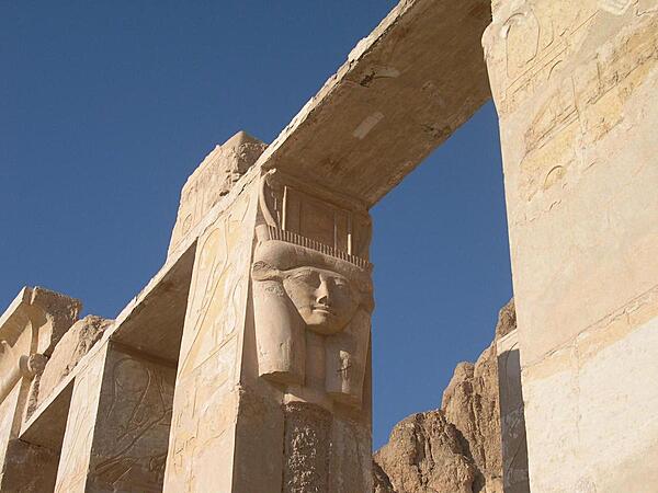 Head of the goddess Hathor on one of the colonnades at Djeser-Djeseru, Pharaoh Hatshepsut's mortuary temple.
