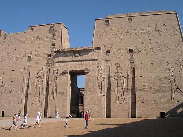 Pylon at the temple complex of Edfu. The temple, dedicated to the falcon god Horus, was built between 237 and 57 B.C.