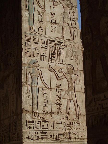 Reliefs in the inner court of the Mortuary Temple of Ramses III at Medinet Habu still display some of their original colors - after more than 3,000 years!