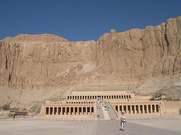 Djeser-Djeseru (the Holy of Holies) is Pharaoh Hatshepsut's mortuary temple in the temple complex of Deir el-Bahri near Luxor. Pharaohs of the 11th and 18th Dynasty's built their temples here. Hatshepsut's temple (the best preserved) was built into the cliff side on top of a series of colonnaded terraces in the classical Theban form; it includes a pylon, courts, a hypostyle hall, sun court, chapel, and sanctuary.