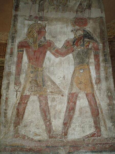 Relief at the Temple of el Derr showing Ramses II and the god, Ra-Harakhte (Ra and Horus).