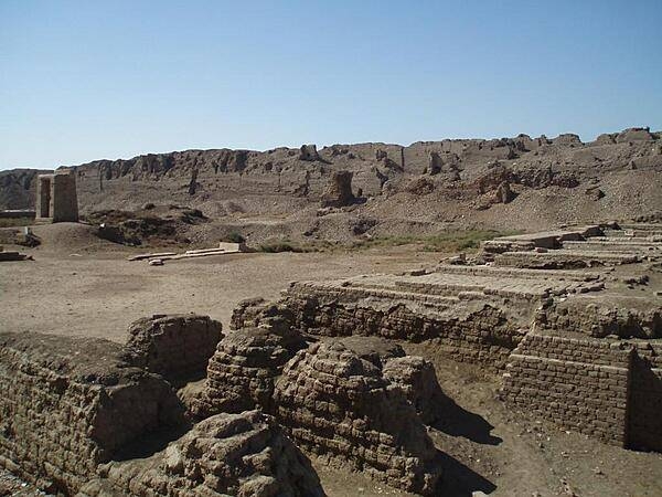 Remains of storerooms and housing at the Temple of Hathor at Dendera. Temples were constructed of stone. Living quarters, including palaces, were built of mud brick.