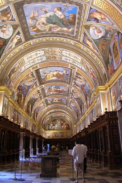 The library at El Escorial, the Royal Monastery of San Lorenzo El Real, contains many priceless manuscripts, as well as artwork by Titian, El Greco, Valazquez, and many others.