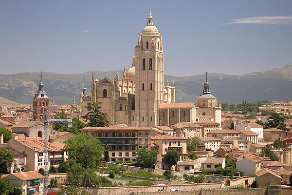 View of the 16th-century Cathedral of Segovia as seen from the Torre de Juan II (Tower of John II) in the Alcazar. Built between 1525 and 1577, this late Gothic structure - dedicated to the Virgin Mary - is referred to as the "Dame of Spanish Cathedrals."