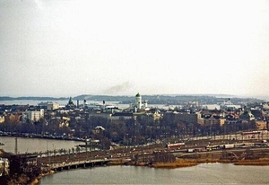 Aerial view of Helsinki. The prominent building with the dome in the center is Helsinki Cathedral.