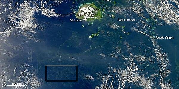 It is hard to believe, but some of the smallest organisms on our planet can be viewed from space. Diminutive bacteria and plankton (microscopic, floating plants) can merge into great chains and mats that can be detected by satellites hundreds of kilometers up. NASA's Aqua satellite captured this image of a plankton or bacterial bloom south of Fiji on 18 October 2010. Photo courtesy of NASA.