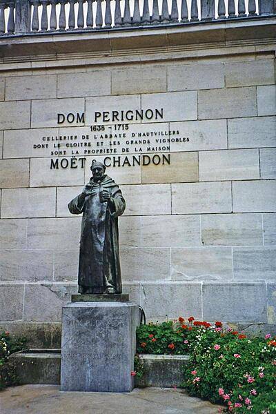 Statue of Dom Perignon (1638-1715) in the town of Epernay. The Benedictine monk made many important contributions to the production and quality of champagne wines.