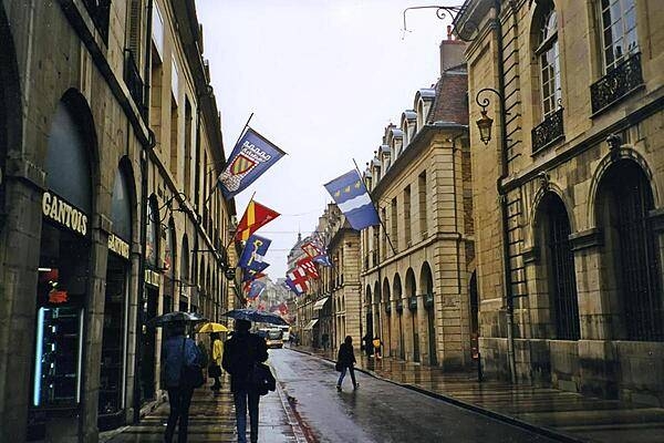 A street scene in Dijon, the capital of the Burgundy region. The city was first settled by the Romans and then became the domain of the Dukes of Burgundy, who ruled the area until the late 1400s. It is known for its many architectural styles and hosts the annual Dijon International and Gastronomic Fair.