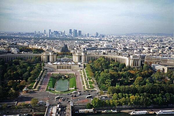 View of the Palais de Chaillot as seen from the Eiffel Tower in Paris. The two curved buildings making up the site house a number of museums.