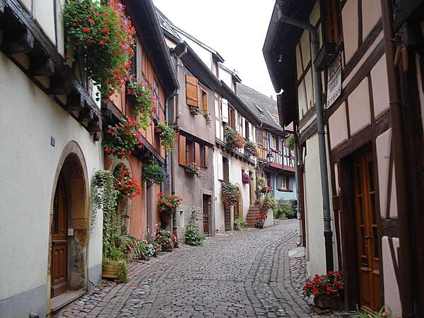 Street scene in Eguisheim along the Alsace Wine Trail.