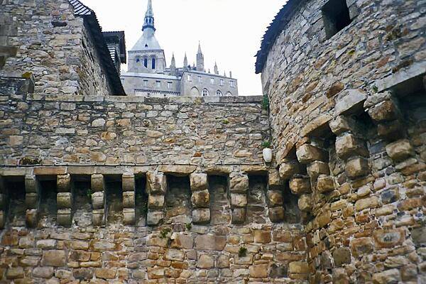 Close up of some of the impressive fortifications at Mont-Saint-Michel.