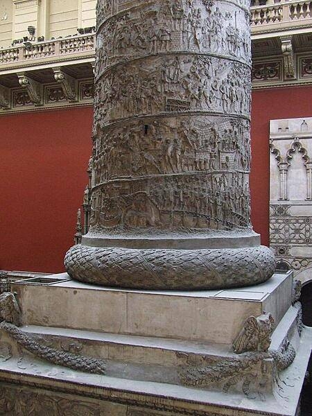 Close up of the base of the cast of Trajan's Column as displayed at the Cast Court in the Victoria and Albert Museum in London.