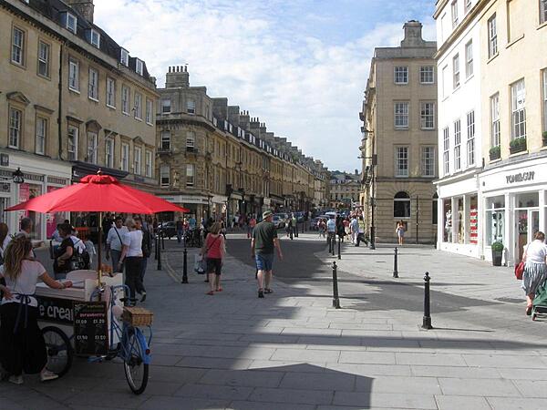 A street scene in Bath, Somerset county, England.