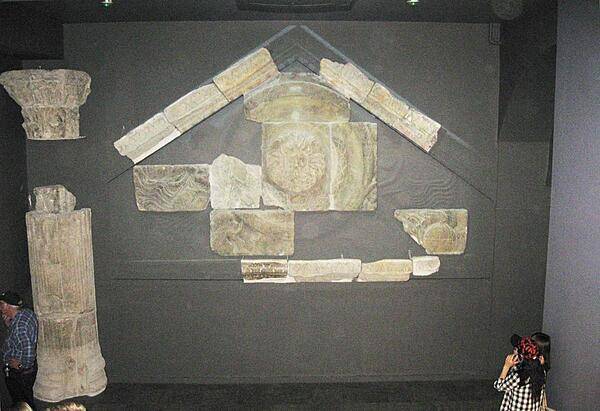 Carved blocks from the pediment of the Temple of Sulis Minerva (the patron deity of the baths at Aquae Sulis).